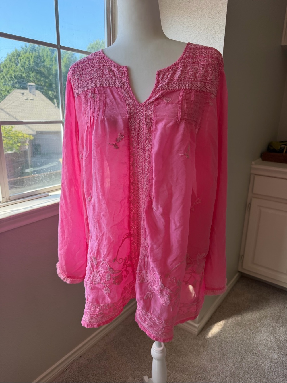 Johnny Was Bright Pink Embroidered V-Neck Tunic